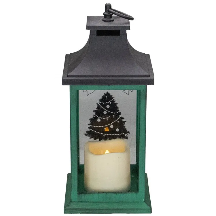12" Green and Black LED Candle with Christmas Tree Tabletop Lantern