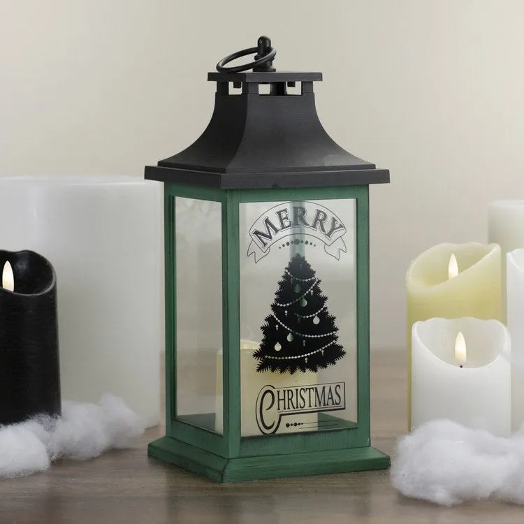 12" Green and Black LED Candle with Christmas Tree Tabletop Lantern