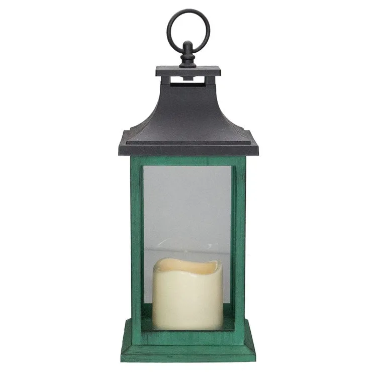 12" Green and Black LED Candle with Christmas Tree Tabletop Lantern