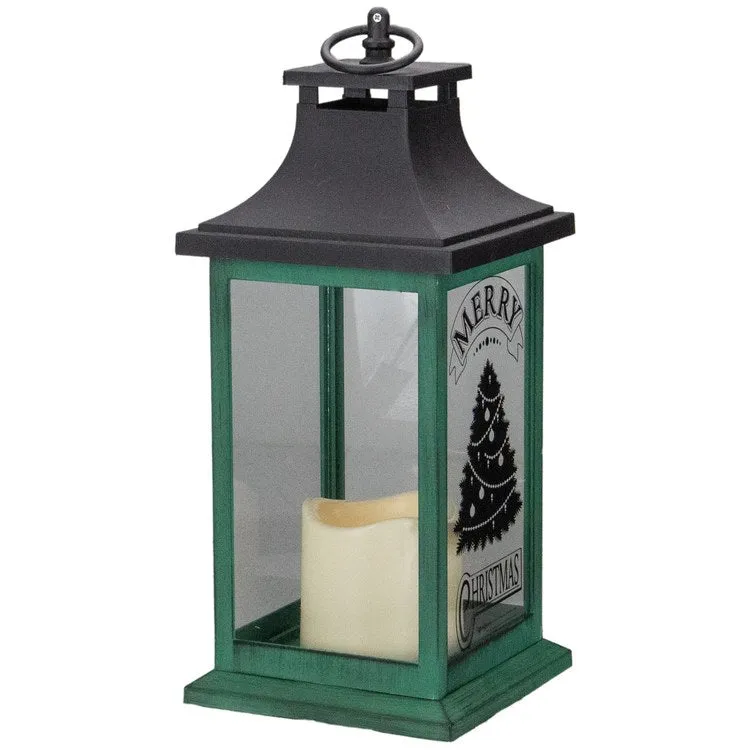 12" Green and Black LED Candle with Christmas Tree Tabletop Lantern