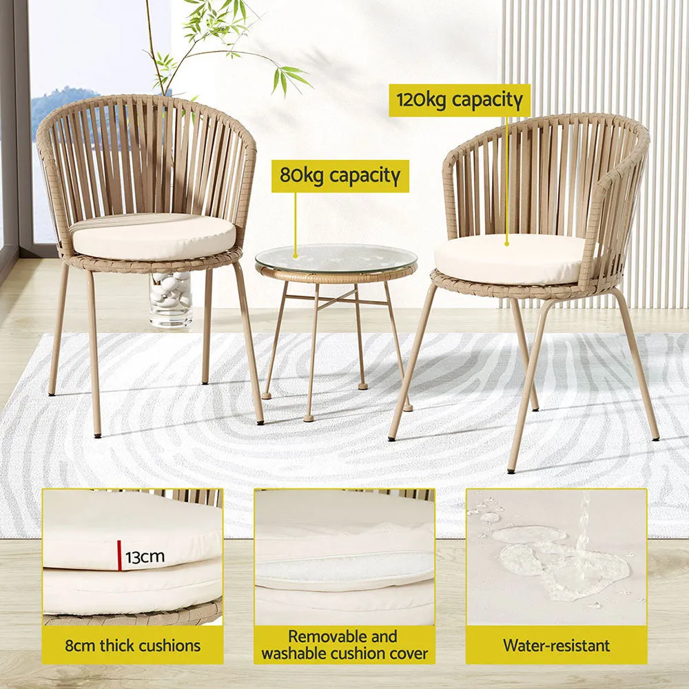 3PC Outdoor Bistro Set | Patio Furniture | Rope Setting Chairs Table | Beige
