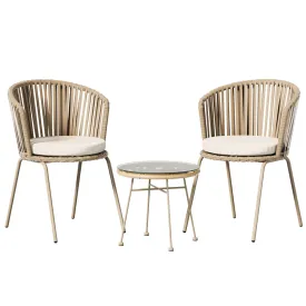 3PC Outdoor Bistro Set | Patio Furniture | Rope Setting Chairs Table | Beige