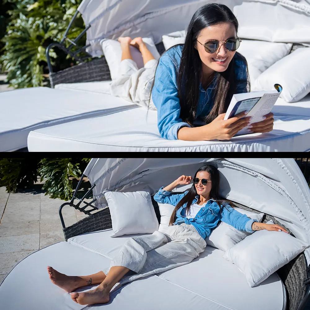 3PC Outdoor Daybed Patio Furniture | LONDON RATTAN Grey Wicker