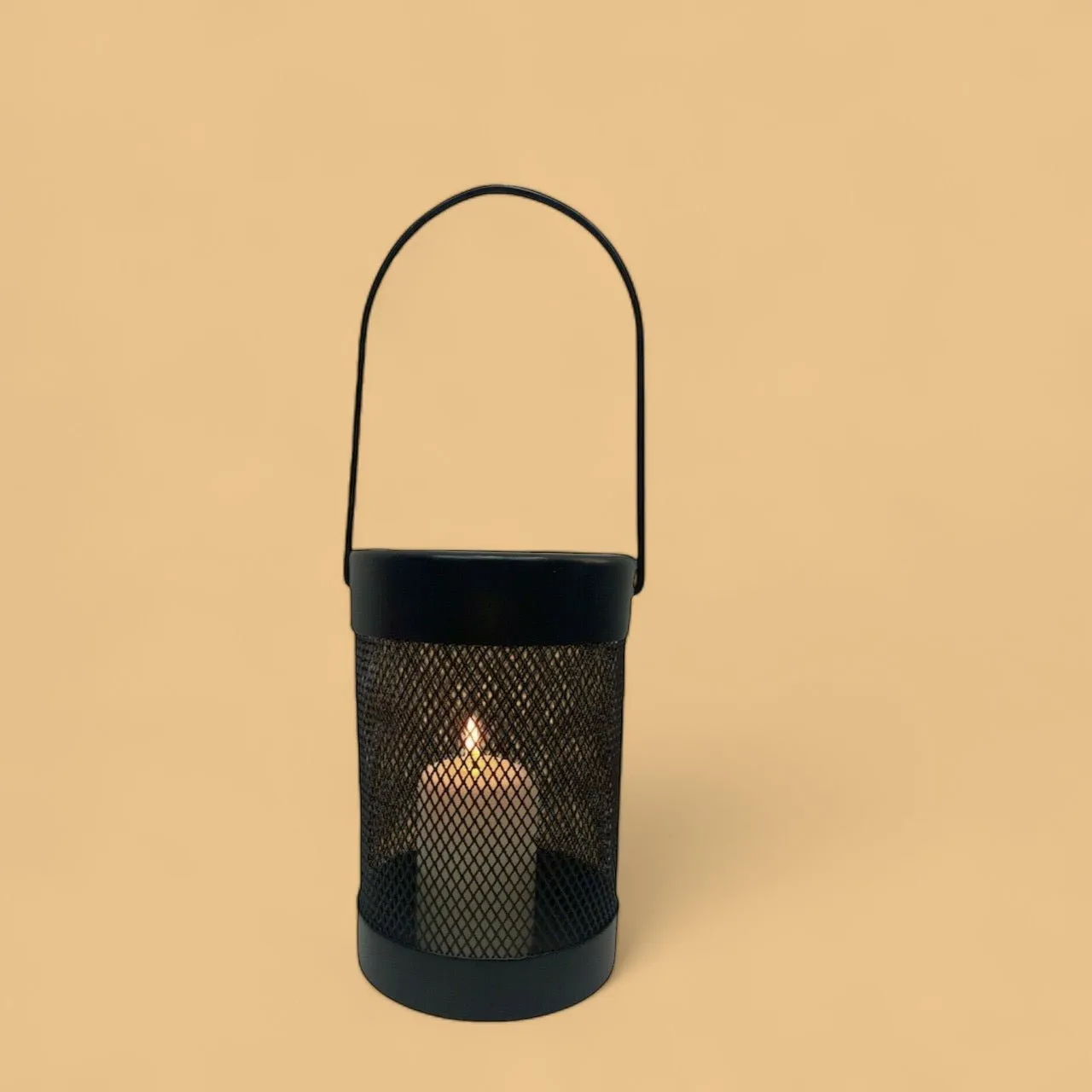 Black Mesh Lantern Metal Wired Pillar LED Candle Hanging Lantern Indoor outdoor