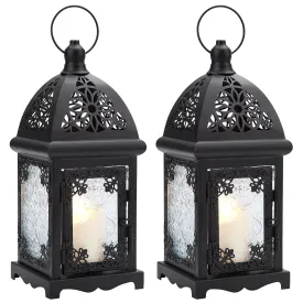 Candle Lantern Holder, Image 2 Pcs Metal Candle Lantern Holder with Transparent Glass, Vintage Hanging Lantern Tabletop Decoration Birdcage for Home Décor and Wedding Black