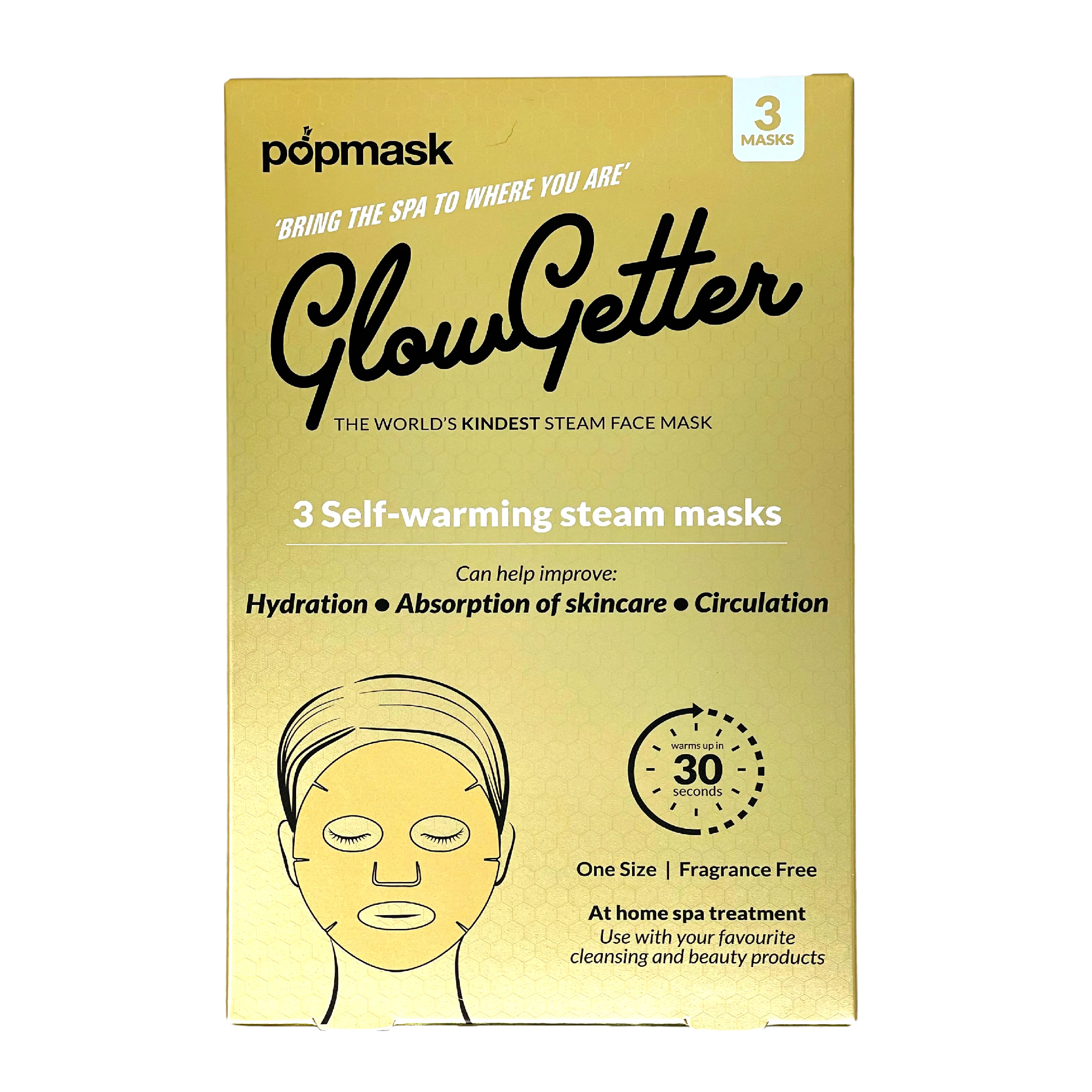 Glow Getter Full-Face Mask – 3 Pack | Self-Warming Facial Mask for De-Puffing, Stress Relief & Relaxation