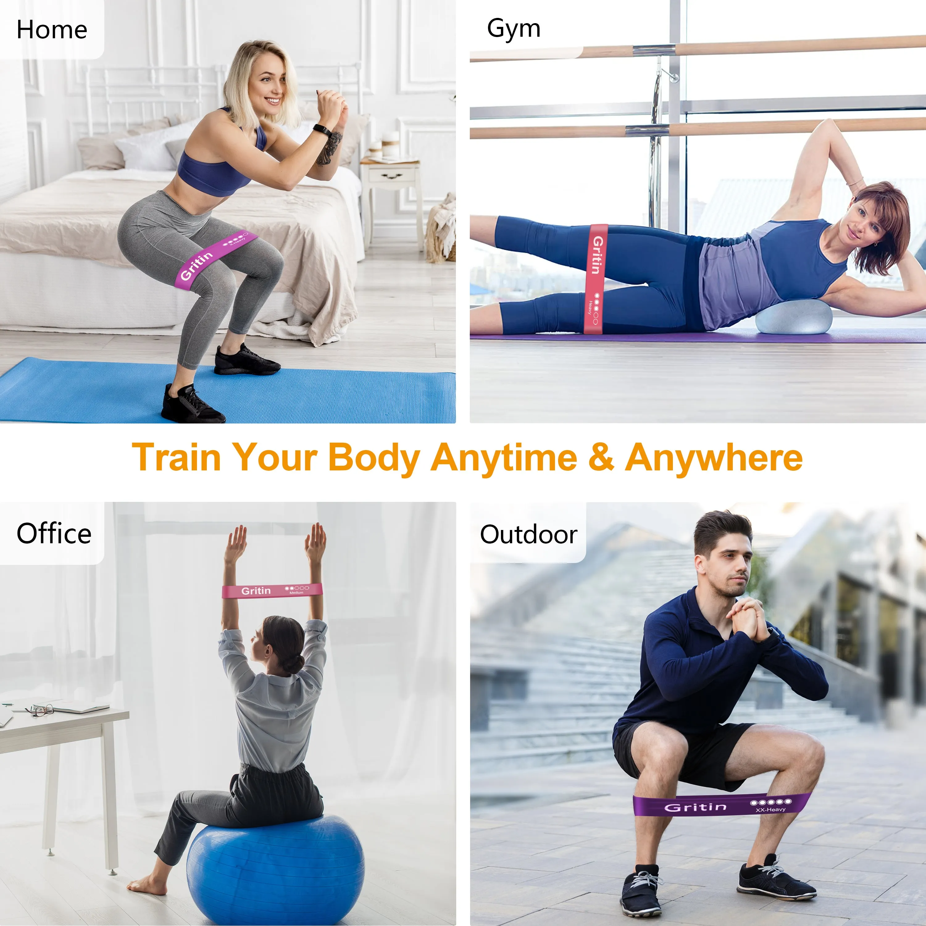 Gritin Resistance Bands, Exercise Bands Loop Bands, Pink - Purple