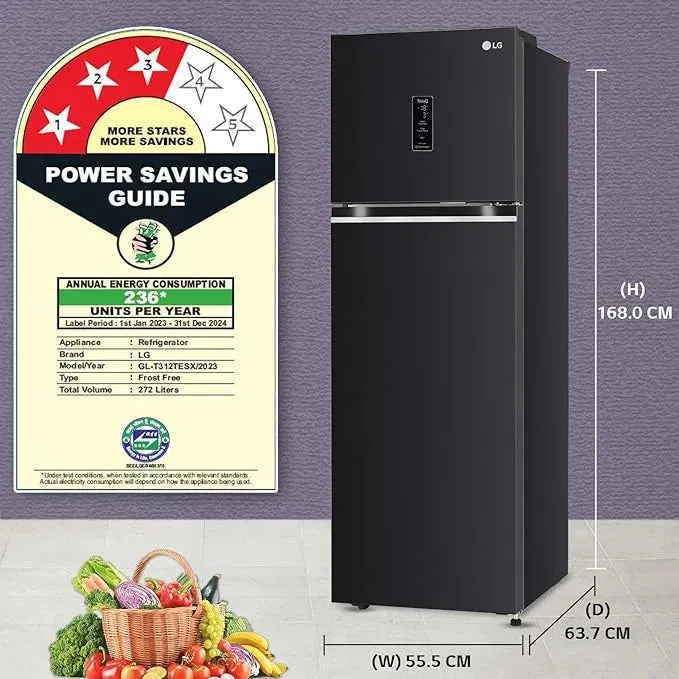 LG GL-T312TESX 272L 3 Star Frost Free Double Door Convertible Refrigerator | Smart Inverter Compressor | Door Cooling  | Ebony Sheen
