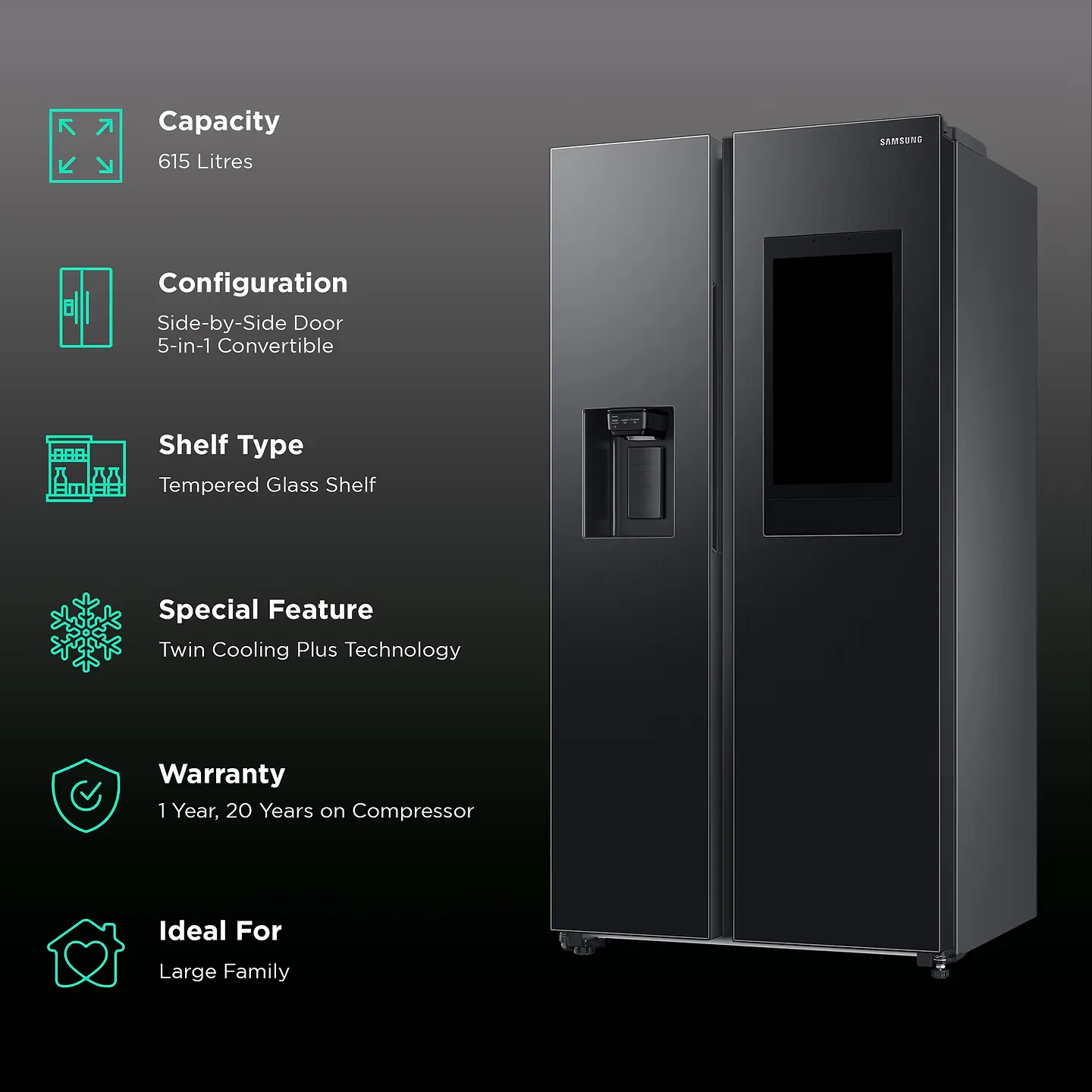 Samsung RS7HCG8543B1HL 615L 5-in-1 Convertible Side-by-Side Refrigerator | Family Hub | View Inside Camera | Wi-Fi Enabled | Digital Inverter Compressor | Non-Plumbing Dispenser | EZ Clean Black | 3 Star