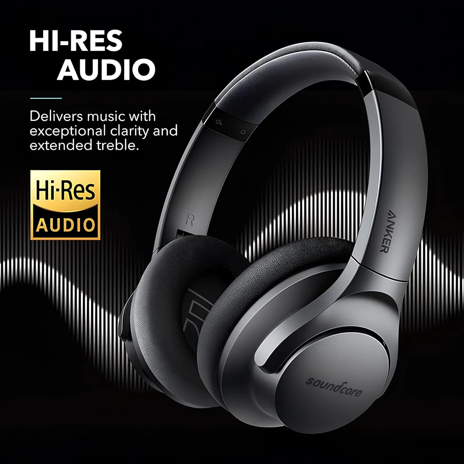 Soundcore Anker Life Q20 Hybrid Active Noise Cancelling Headphones, Wireless Over Ear Bluetooth Headphones, 60H Playtime, Hi-Res Audio, Deep Bass, Memory Foam Ear Cups, Travel, Office, USB-C Charging