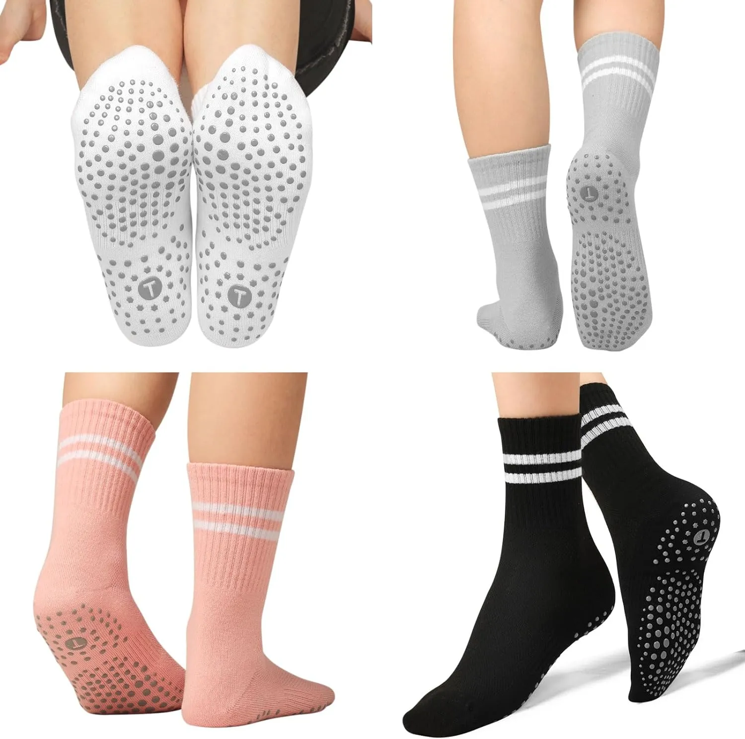 Toes Home Pilates Socks for Women with Non Slip Grippers, Yoga Crew Socks for Barre Hospital Sticky Slipper Socks 4 Pairs