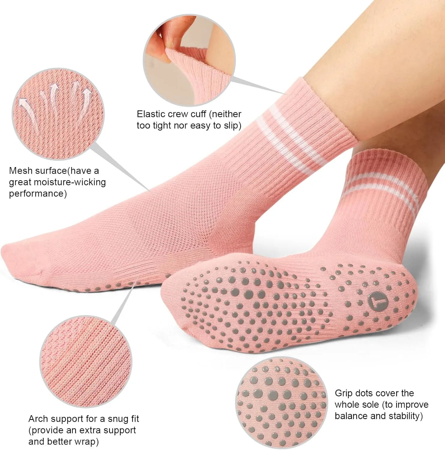 Toes Home Pilates Socks for Women with Non Slip Grippers, Yoga Crew Socks for Barre Hospital Sticky Slipper Socks 4 Pairs