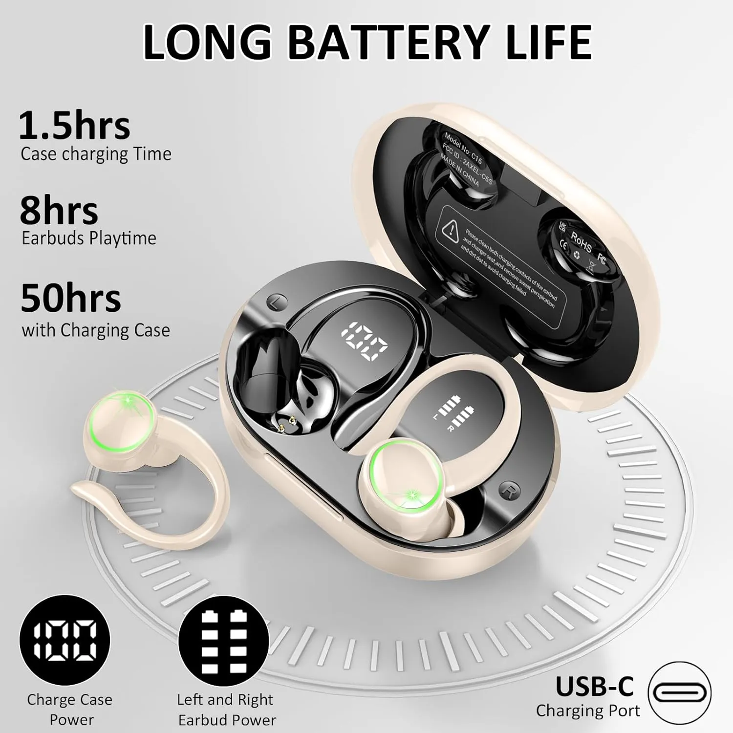 Wireless Earbuds, Bluetooth 5.4 Headphones Sports, 50H Playback Over-Ear buds with ENC Noise Cancelling Mic, Hifi Stereo Fitness Earphones with Earhooks, IP7 Waterproof Headset for Workout Gym Running