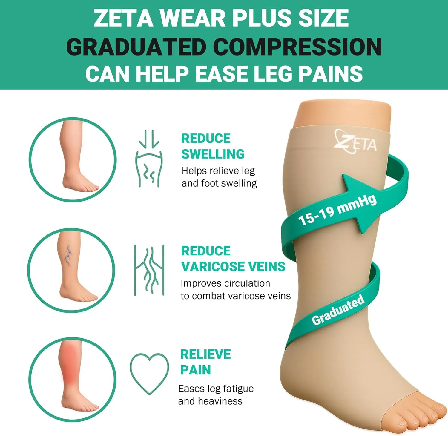 Zeta Wear Plus Size Leg Sleeve Support Socks - Wide Compression, Women, Amazing Fit, 1 Pair